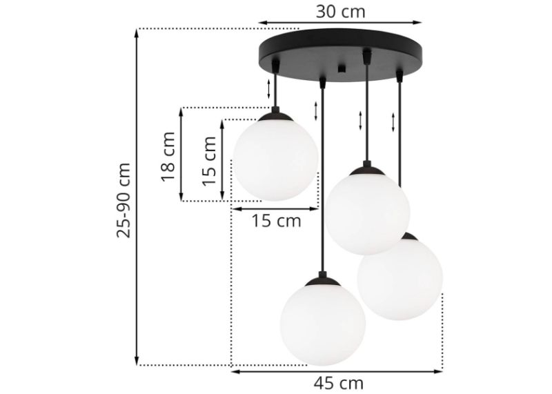 Wymiary lampy z 4 białymi kulami i okrągłą podsufitką