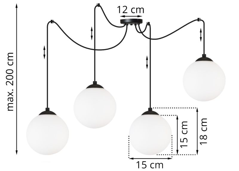 Wymiary lampy z czterema białymi kulami i czarną podsufitką