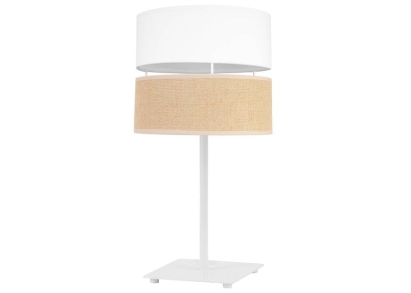 nowoczesna lampa stolowa juta z abazurem wzor bialo kremowy