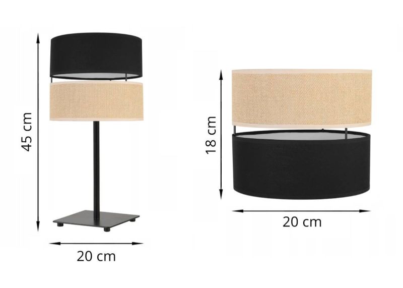 nowoczesna lampa stolowa juta z abazurem wzor czarno bezowy wymiary