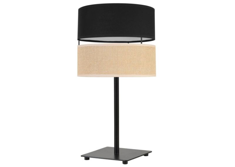 nowoczesna lampa stolowa juta z abazurem wzor czarno bezowy