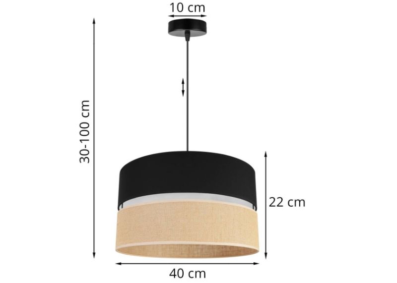 nowoczesna lampa wiszaca juta z podwojnym dużym abażurem wzór czarno beżowy wymiary