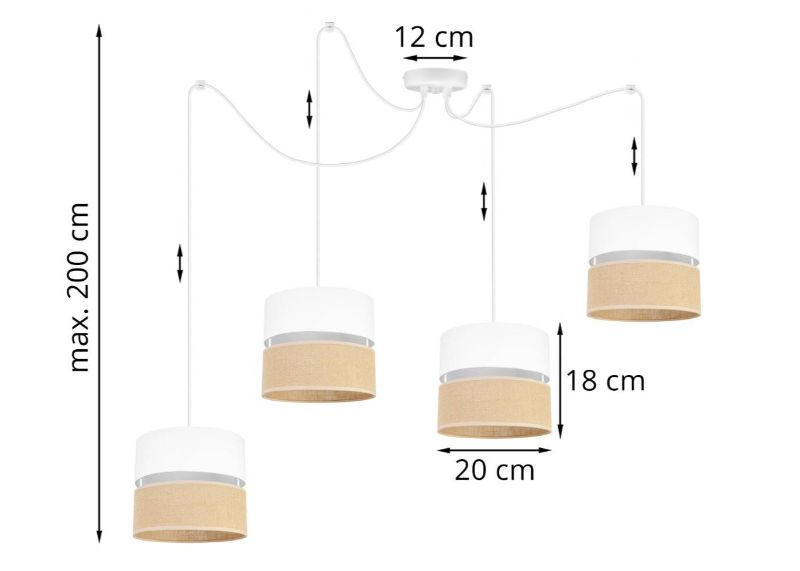 stylowa lampa sufitowa juta z regulacja typu pająk abażury biało-beżowe wymiary