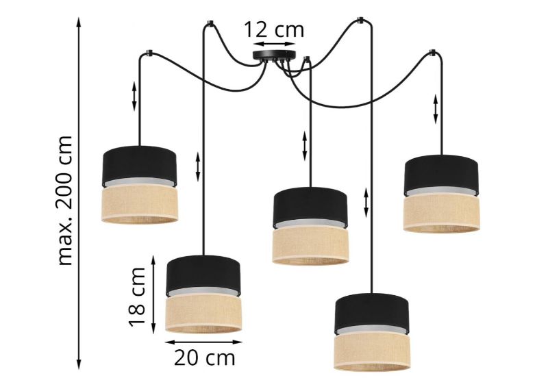 nowoczesna lampa sufitowa juta z regulacja duży pająk wzór czarno-beżowy wymiary