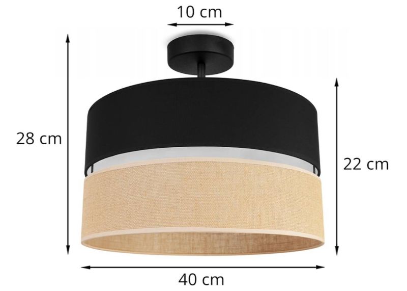 nowoczesna lampa sufitowa juta z dużym podwójnym abażurem wzór czarno-beżowy wymiary