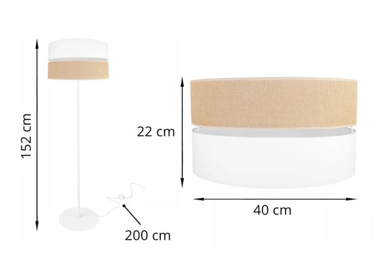 nowoczesna lampa podłogowa juta z podwójnym abażurem wzór beżowo-biały wymiary