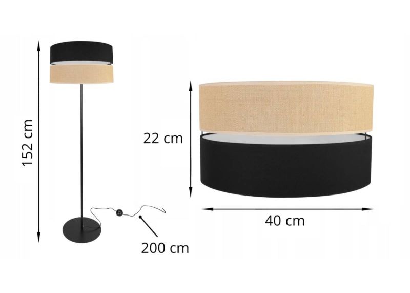 nowoczesna lampa podłogowa juta z podwójnym abażurem wzór beżowo-czarny wymiary
