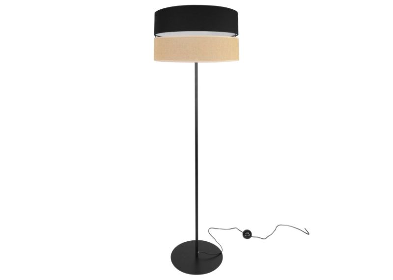 nowoczesna lampa podłogowa juta z podwójnym abażurem wzór beżowo-czarny