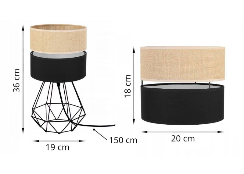 nowoczesna lampa stolowa juta pago z podwójnym abażurem wzór beżowo-czarny wymiary