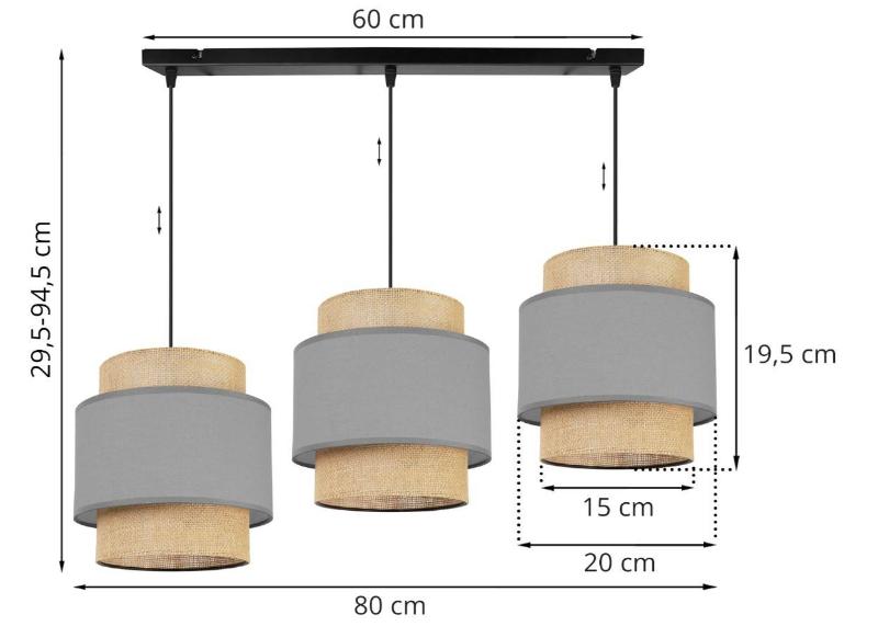 Wymiary lampy z 3 abażurami i regulowaną wysokością