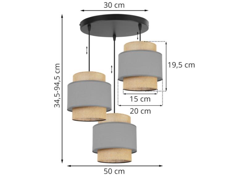 Wymiary lampy z regulacją i 3 abażurami