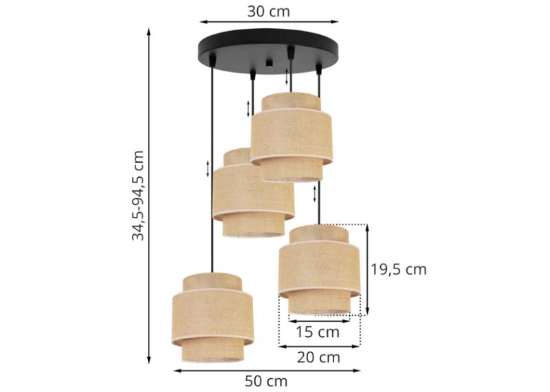 Wymiary lampy z 4 abażurami i metalową konstrukcją