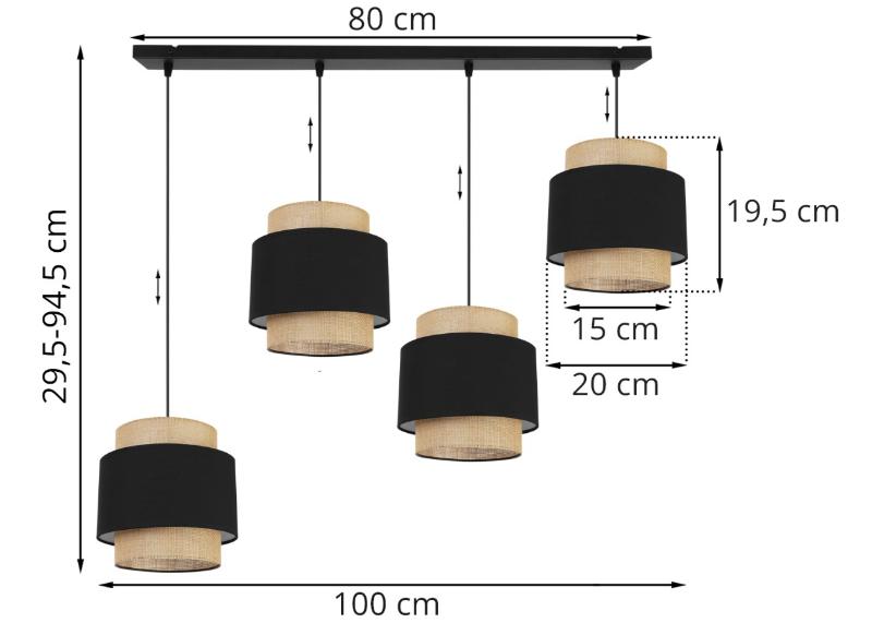 Wymiary lampy z 4 abażurami na listwie z regulacją wysokości
