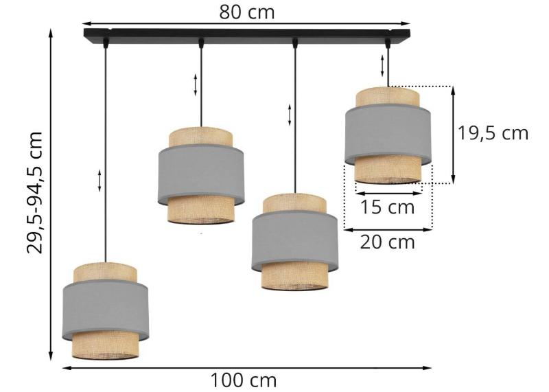 Wymiary lampy z czterema abażurami z juty i metalową konstrukcją