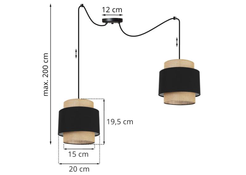 Wymiary lampy z czarno-beżowymi abażurami