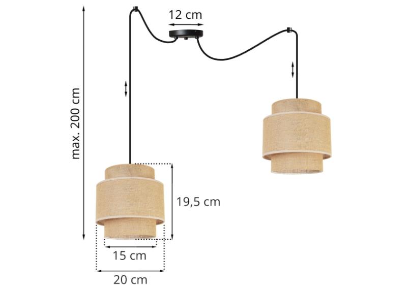 Wymiary lampy z beżowymi abażurami i czarną konstrukcją