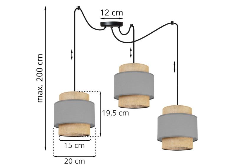 Wymiary lampy z regulowaną wysokością i 3 abażurami
