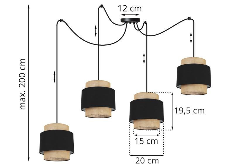 Wymiary lampy z metalu i 4 abażurami z juty