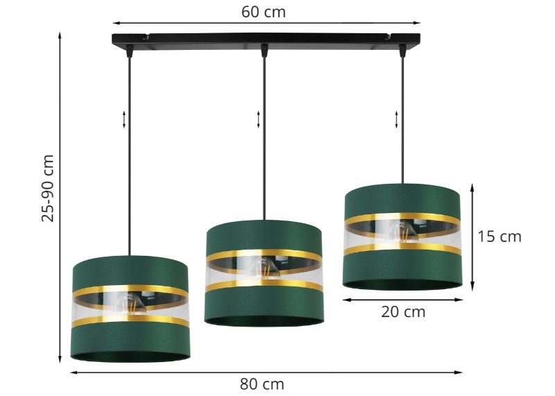 Wymiary lampy z trzema abażurami i regulacją wysokości