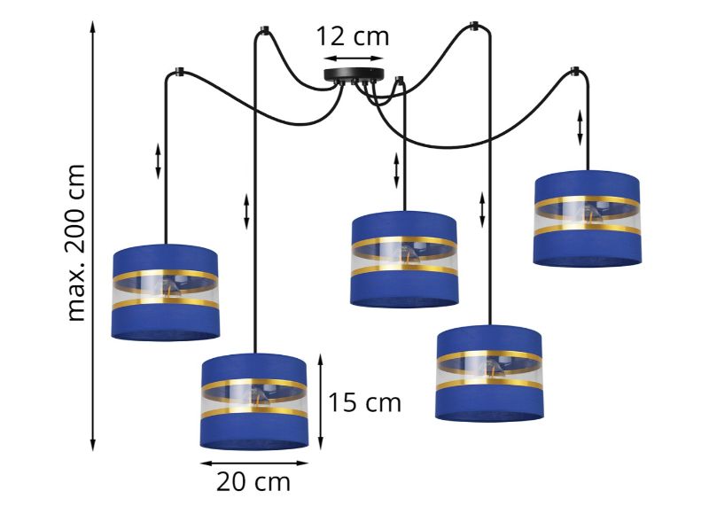 Wymiary lampy z pięcioma abażurami