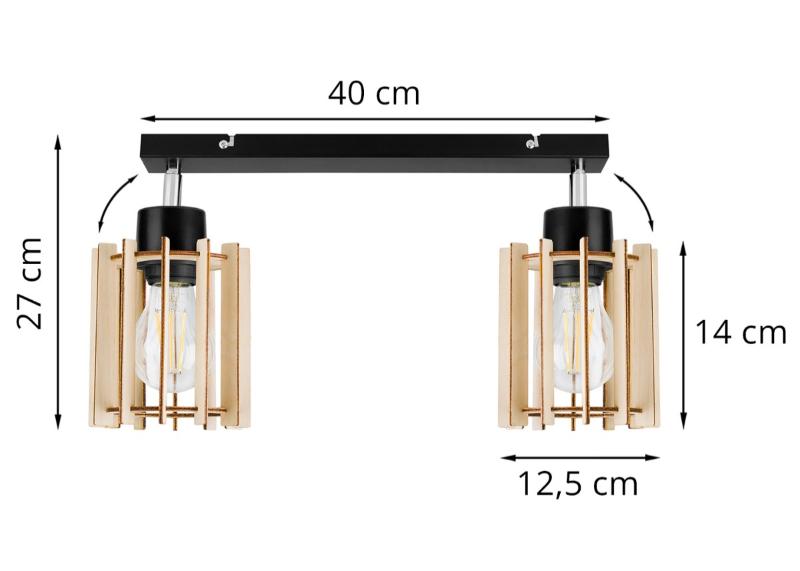 Wymiary lampy z dwoma drewnianym kloszami i czarną konstrukcją