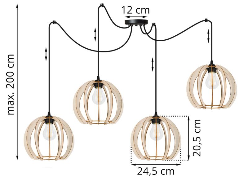 Wymiary lampy w typie pająk z 4 abażurami z drewna i okrągłą podsufitką