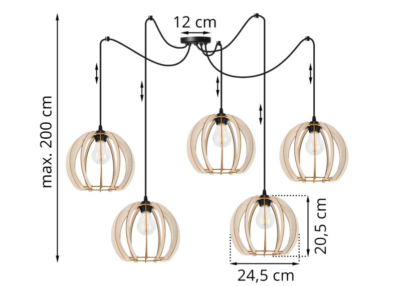 Wymiary lampy z pięcioma kloszami okrągłymi, drewnianymi i okrągłą podsufitką