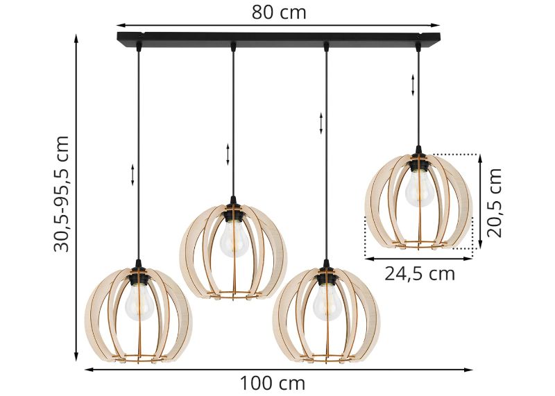 Wymiary lampy z 4 okrągłymi kloszami z lameli z drewna wiszącymi na prostokątnej podsufitce