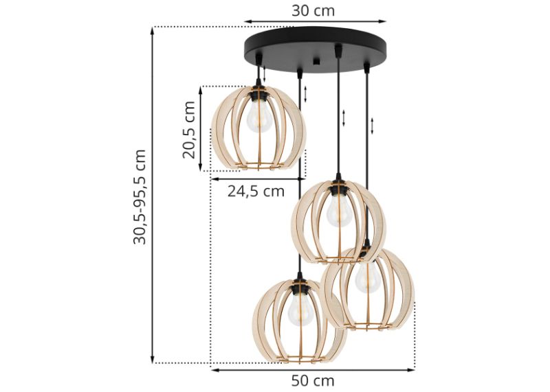 Wymiary lampy z 4 okrągłymi abażurami z drewna i okrągłej podsufitce