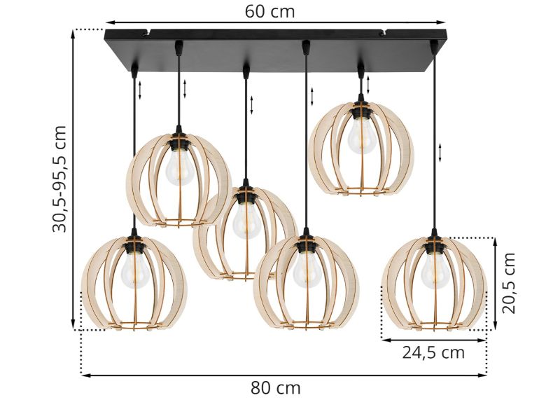 Wymiary lampy z 6 ażurowymi abażurami z drewnianych lameli na prostokątnej listwie sufitowej o szerokości