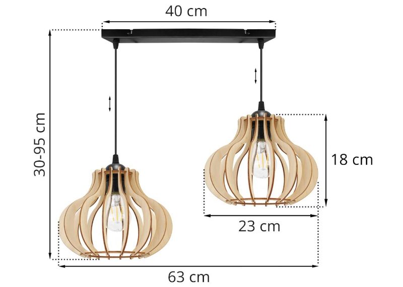 Wymiary lampy z dwoma abażurami o nieregularnym kształcie z drewnianych lameli na prostokątnej podsufitce