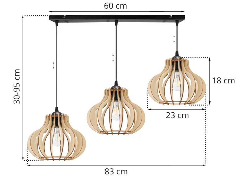 Wymiary lampy z prostokątną podsufitką o szerokości i 3 abażurami z drewnianych lameli o oryginalnym kształcie