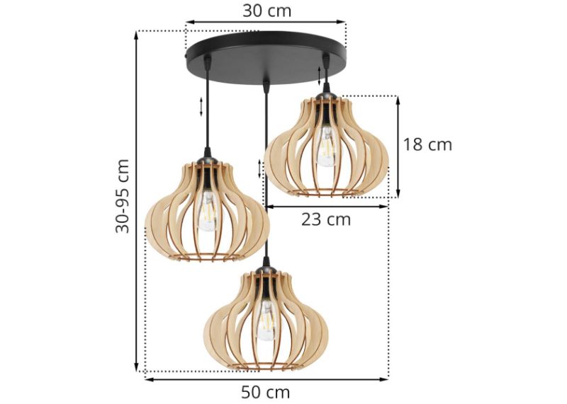 Wymiary lampy z 3 ażurowymi, drewnianymi kloszami o nieregularnym kształcie