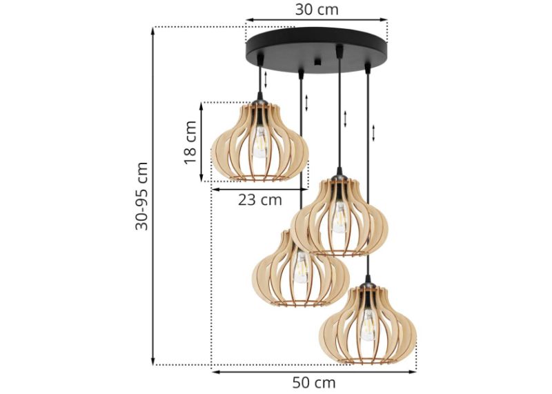 Wymiary lampy na okrągłej podsufitce z czterema ażurowymi, drewnianymi kloszami o oryginalnym kształcie