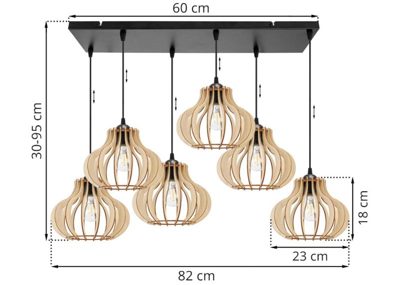 Wymiary lampy z sześcioma kloszami o nieregularnym kształcie z drewnianych lameli i prostokątną podsufitką