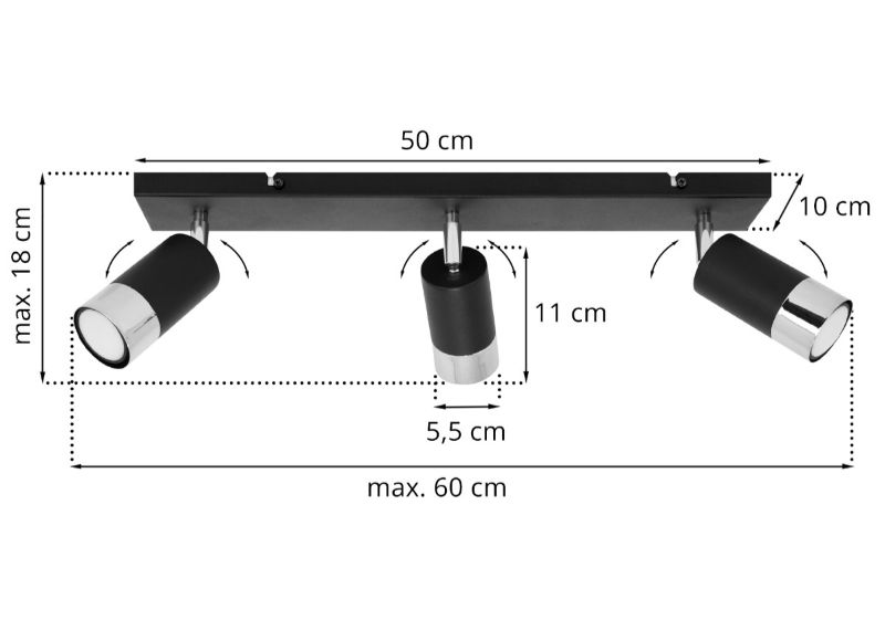 Wymiary lampy z trzema czarno-chromowanymi regulowanymi spotami