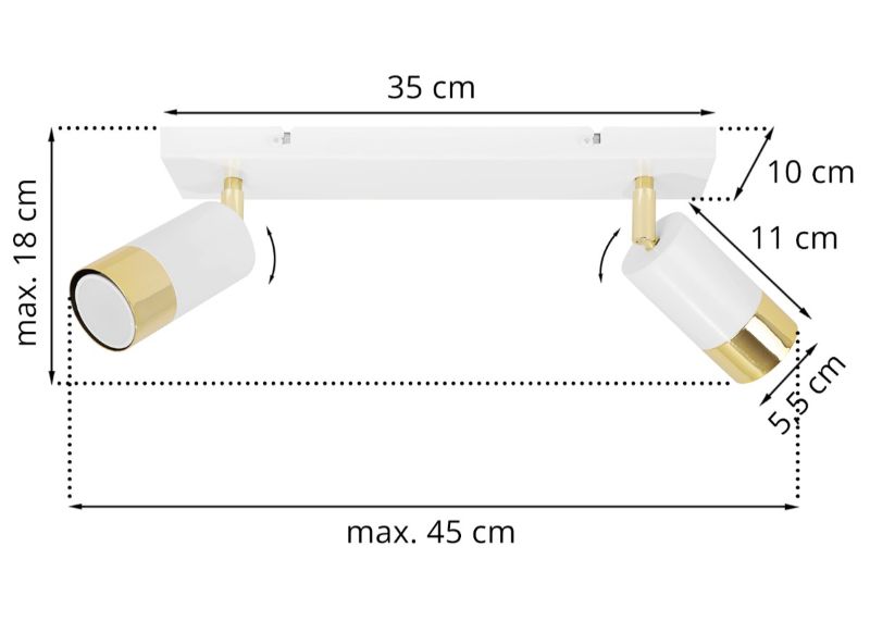 Wymiary lampy na białej listwie z dwoma regulowanymi biało-złotymi reflektorami
