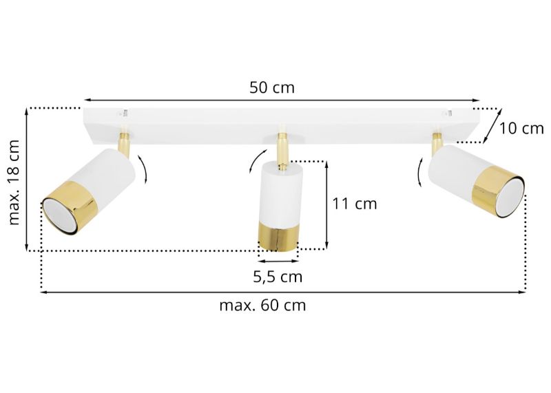 Wymiary lampy na białej listwie z 3 regulowanymi reflektorami w białym kolorze ze złotymi wykończeniami