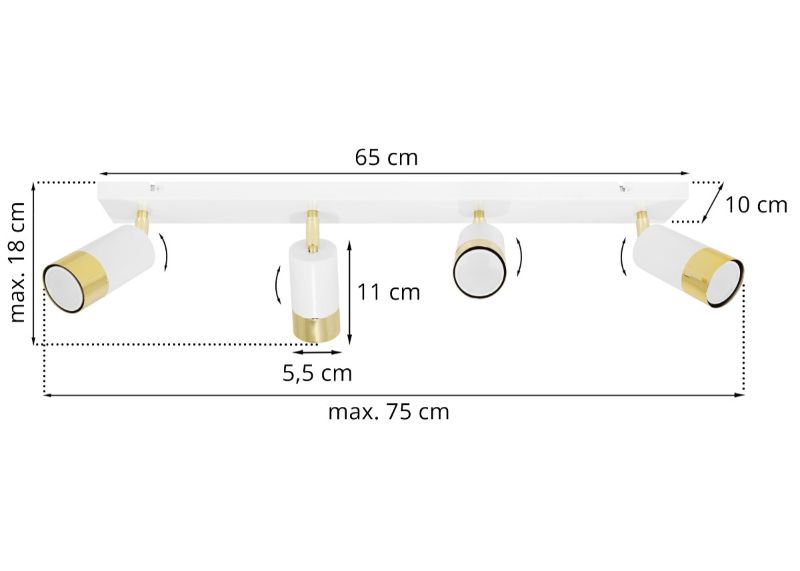 Wymiary lampy z 4 biało-złotymi reflektorami na białej listwie