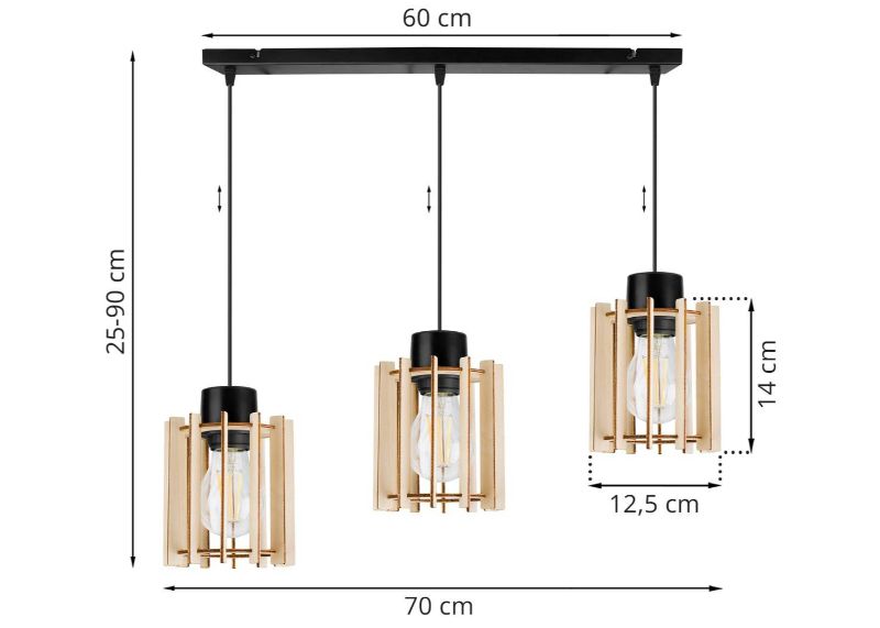 Wymiary lampy z prostokątną podsufitką i 3 źródłami światła w postaci drewnianych kloszy