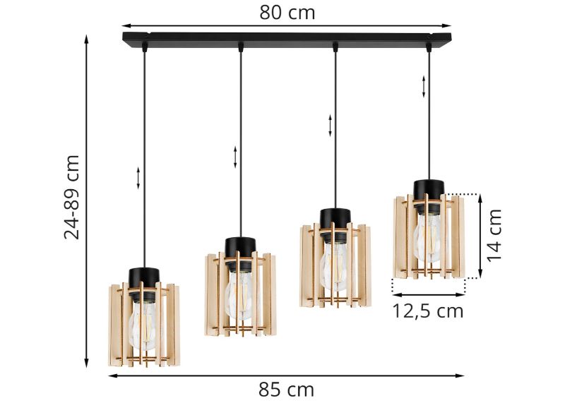 Wymiary lampy z prostokątną podsufitką i 4 źródłami światła drewnianymi kloszami