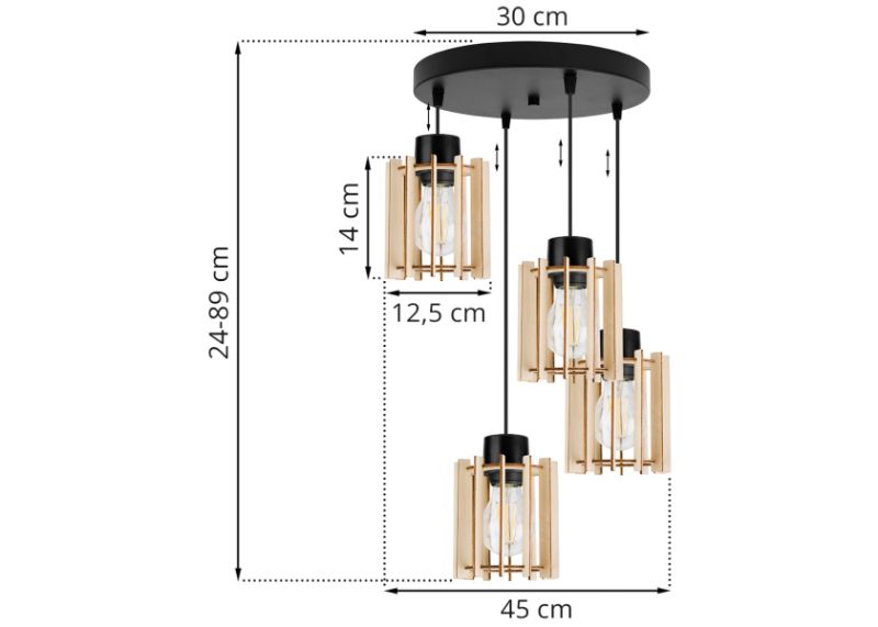 Wymiary lampy z okrągłą podsufitką i 4 drewnianymi kloszami o podłużnym kształcie