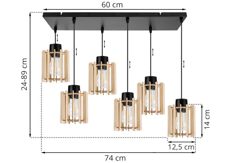 Wymiary lampy z prostokątną podsufitką i sześcioma źródłami światła drewnianymi kloszami