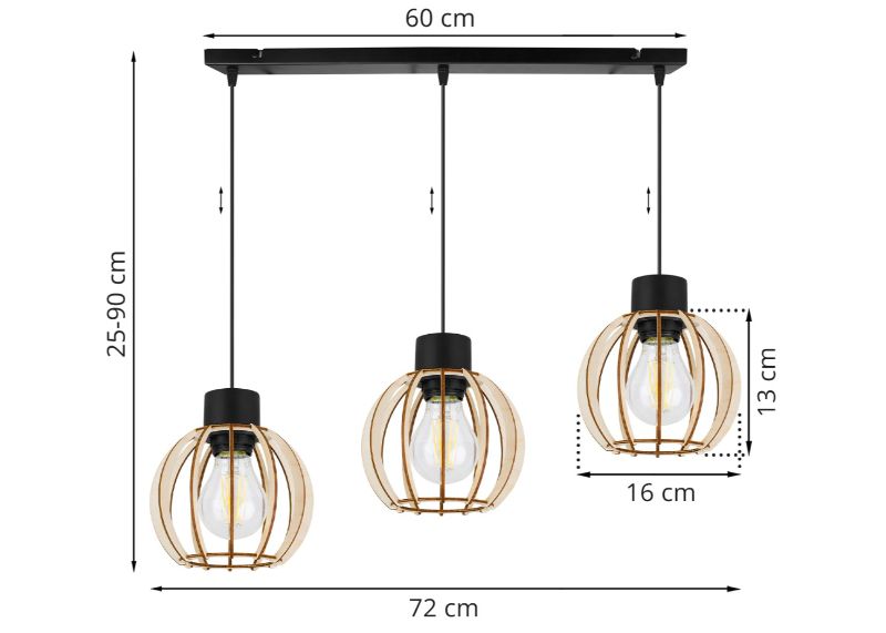 Wymiary lampy z prostokątną podsufitką i 3 źródłami światła drewnianymi kloszami