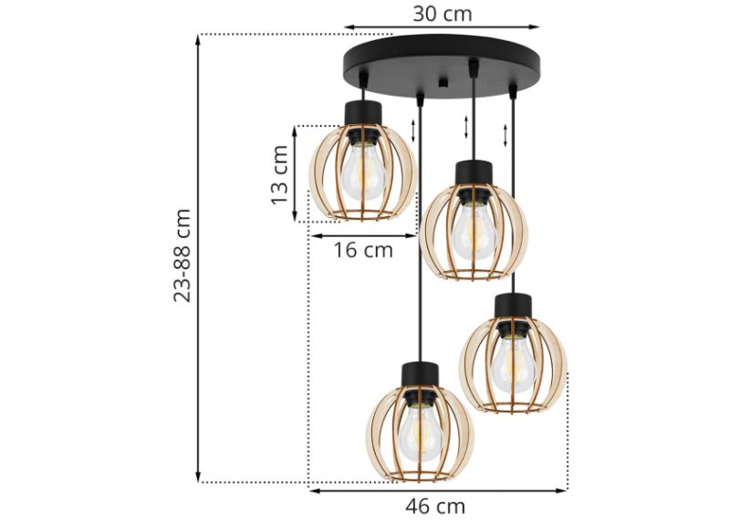 Wymiary lampy z okrągłą podsufitką i 4 drewnianymi kloszami