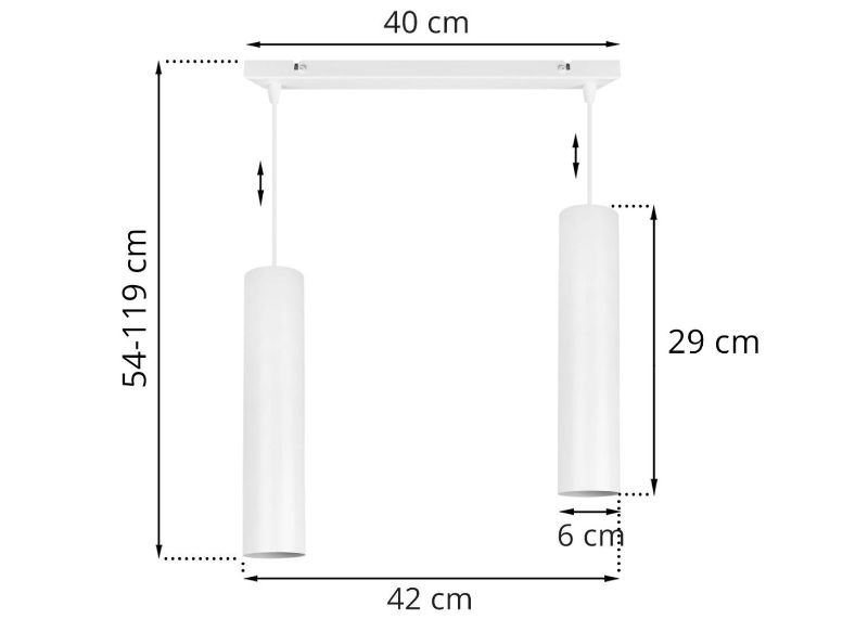 Wymiary lampy na prostokątnej podsufitce z 2 podłużnymi, wąskimi kloszami typu tuba
