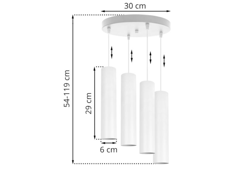 Wymiary lampy z 4 kloszami typu tuba i okrągłą podsufitką