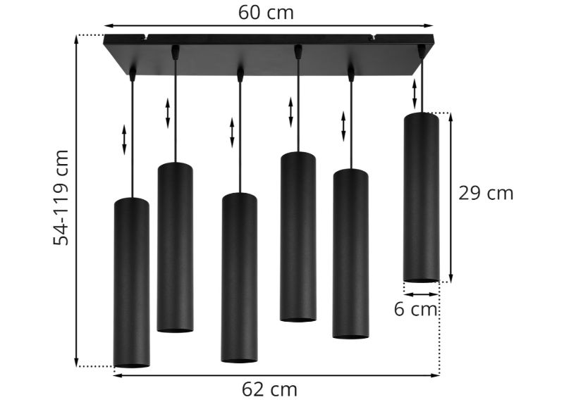 Wymiary lampy z 6 czarnymi kloszami typu tuba i prostokątną podsufitką
