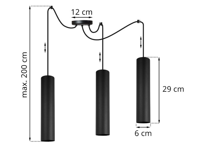 Wymiary lampy typu pająk z 3 kloszami metalowymi tuba