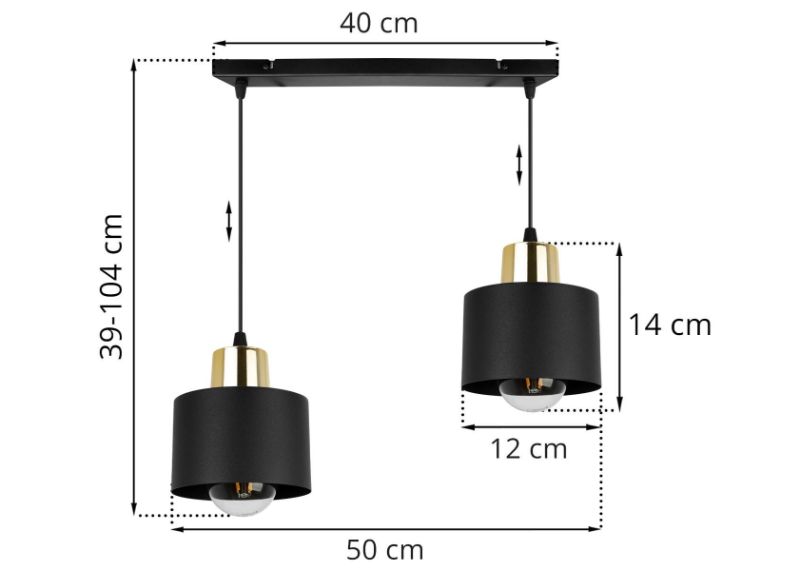Wymiary lampy na szerokiej listwie z dwoma czarnymi kloszami metalowymi i złotym wykończeniem